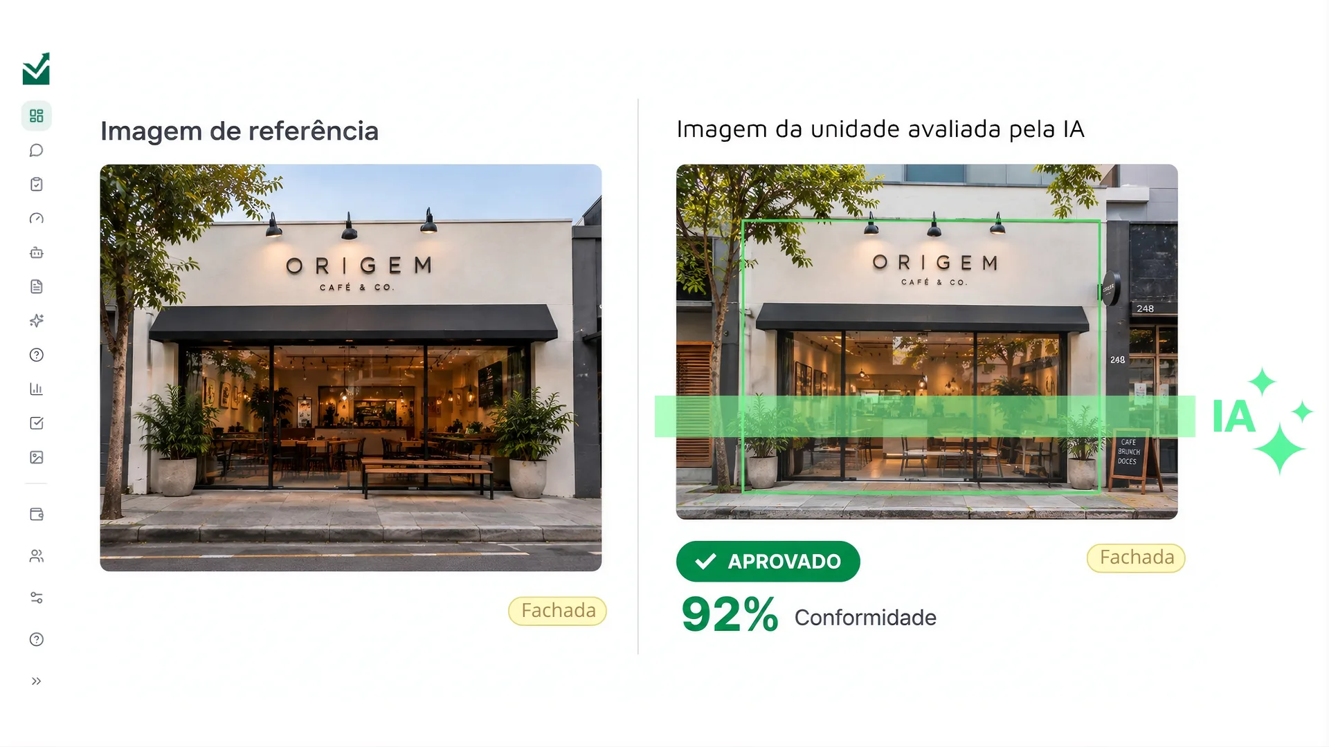 Tela real da UpCheck comparando uma fachada de referência com a unidade analisada por inteligência artificial